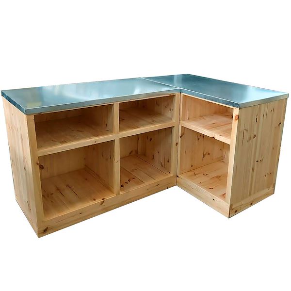 Natural wood counter with galvanized sheet metal top