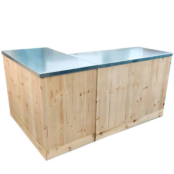 Natural wood counter with galvanized sheet metal top