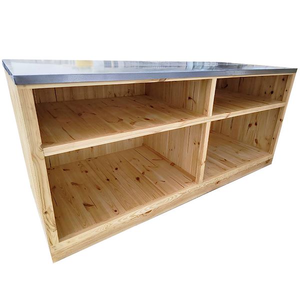 Natural wood counter with galvanized sheet metal top