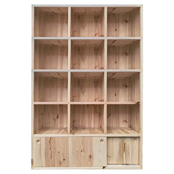 Wooden shelving with boxed shelves